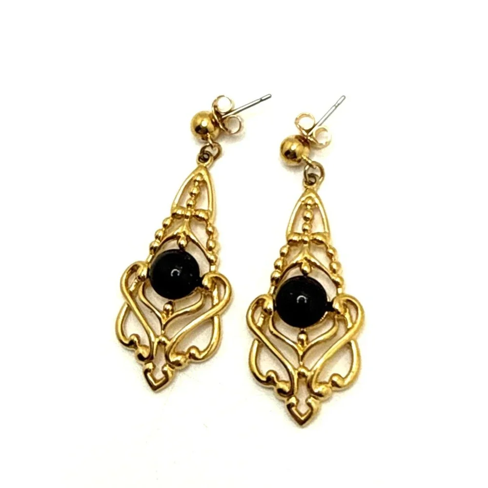 Vintage AVON 1991 GENTLE DRAMA Earrings Gold Tone Black Accent Victorian Style
